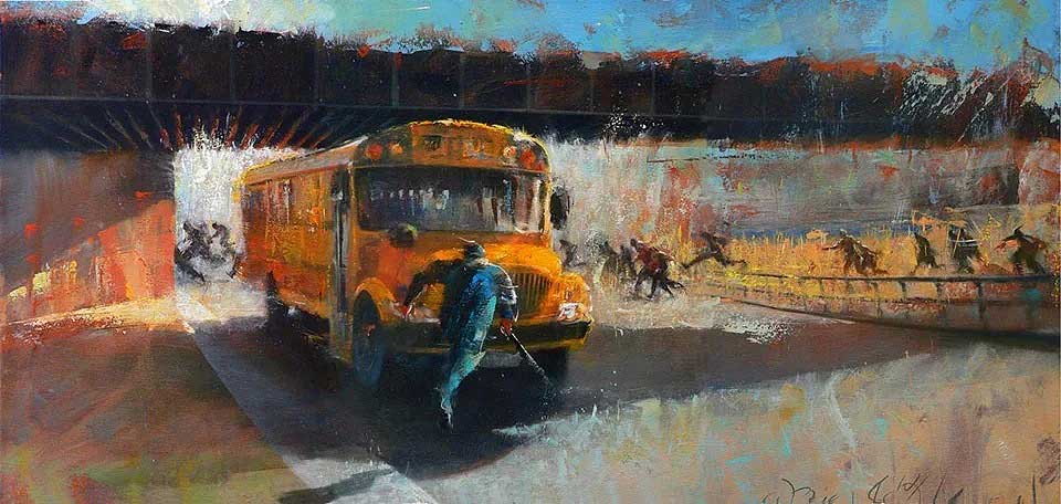 David Febland y varios de sus cuadros